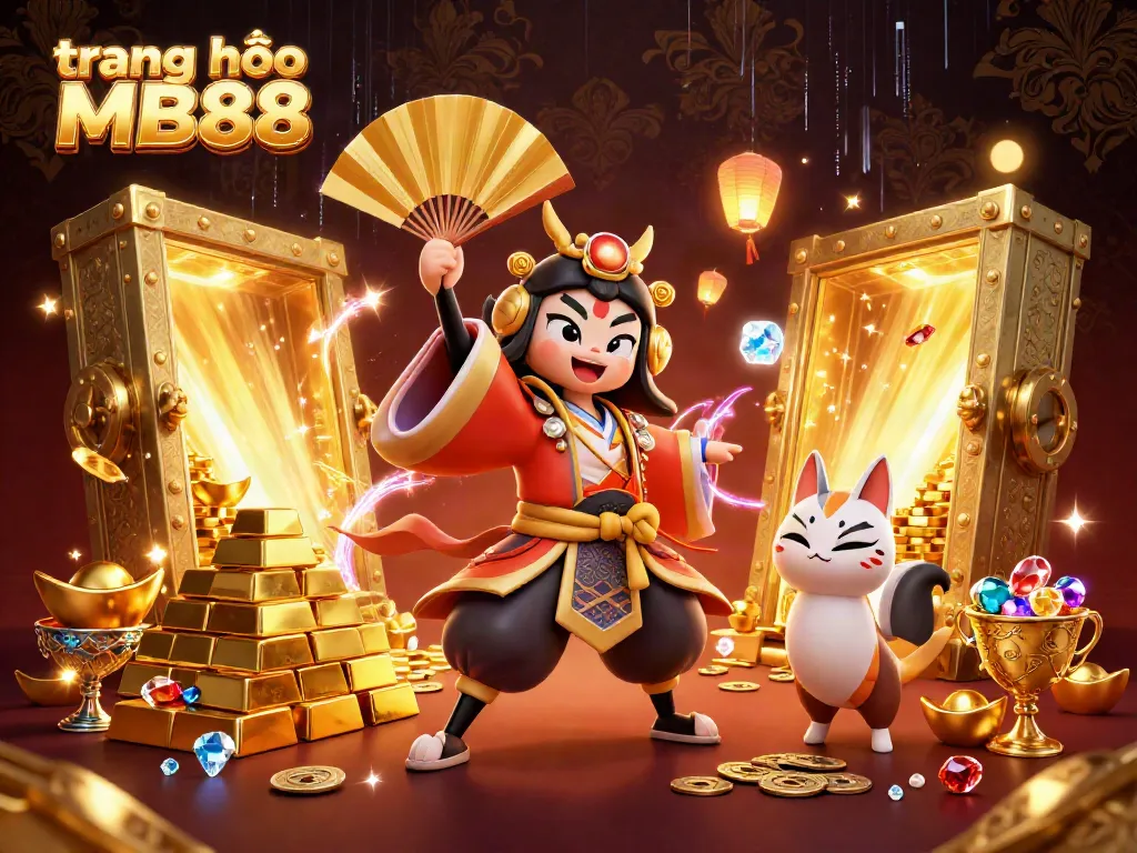 Experience excitement with the trang chủ MB88 illustration featuring a kabuki warrior and treasure.