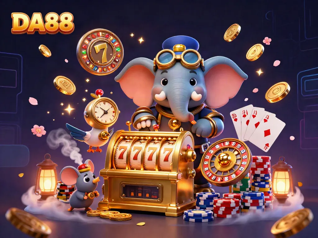DA88's cartoon elephant engineer operates a golden slot machine amidst dynamic casino elements.