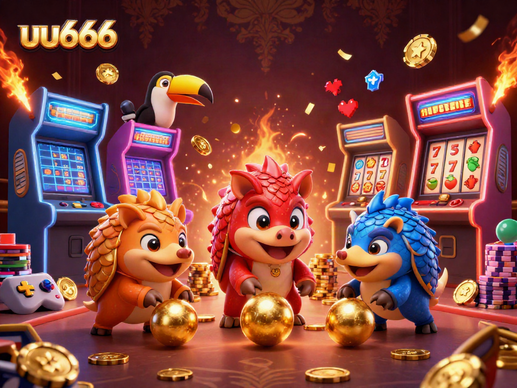 uu666 features rival pangolins in 3D casino illustration bowling poker chips for epic fun.
