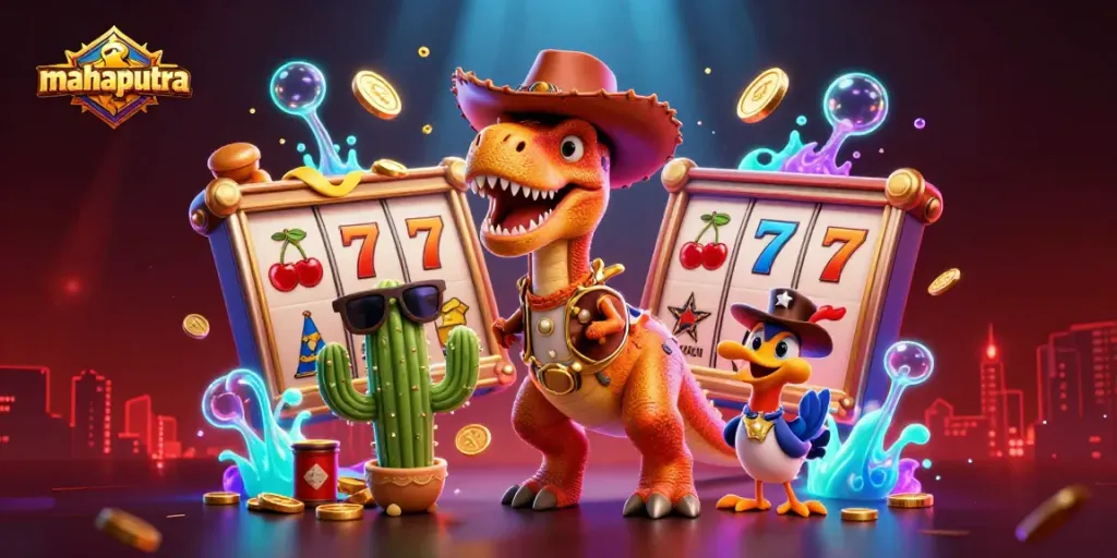 Mainkan mahaputra dengan simbol slot dan cowboy dinosaurus dalam ilustrasi berwarna-warni yang menarik.