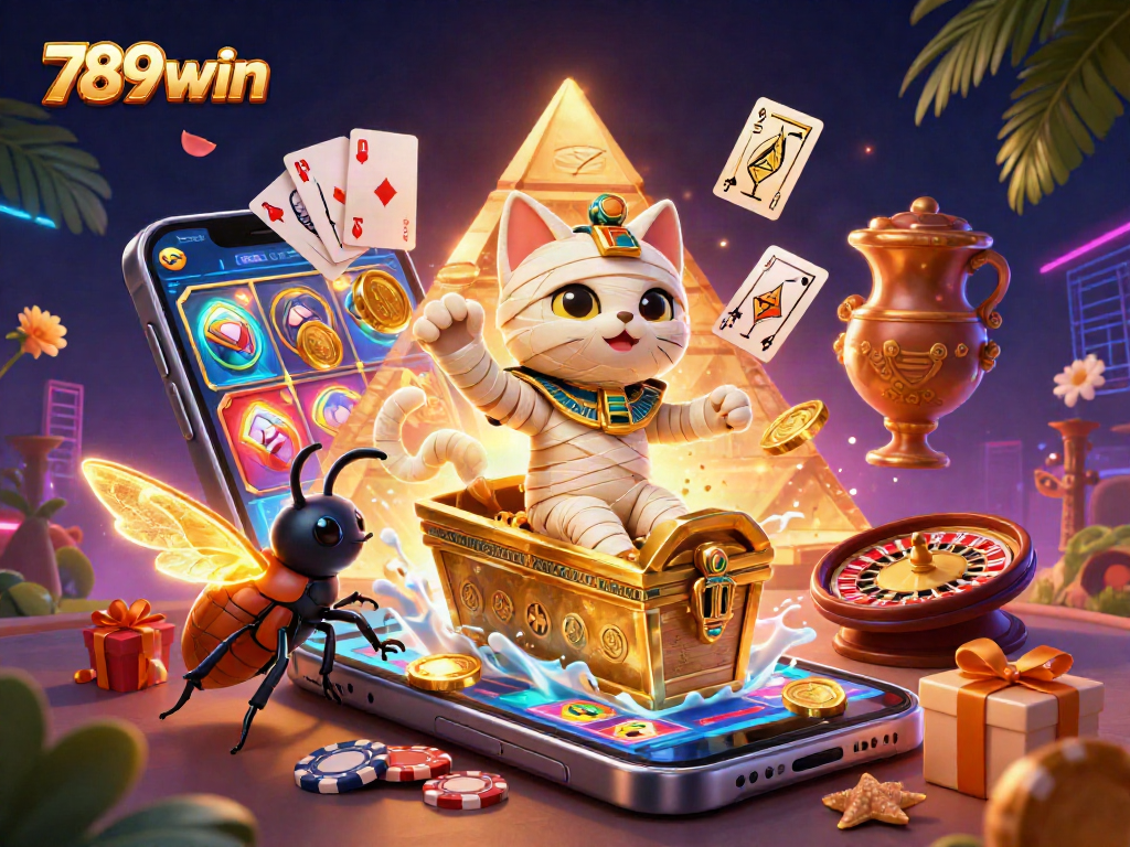 Experience 789win’s thrilling pyramid casino adventure with a vibrant mummy cat and golden elements.