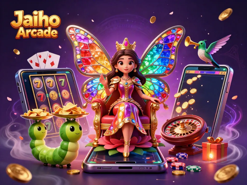 Engage in thrilling gaming experiences with Jaiho Arcade's vibrant 3D casino illustration featuring the butterfly queen.