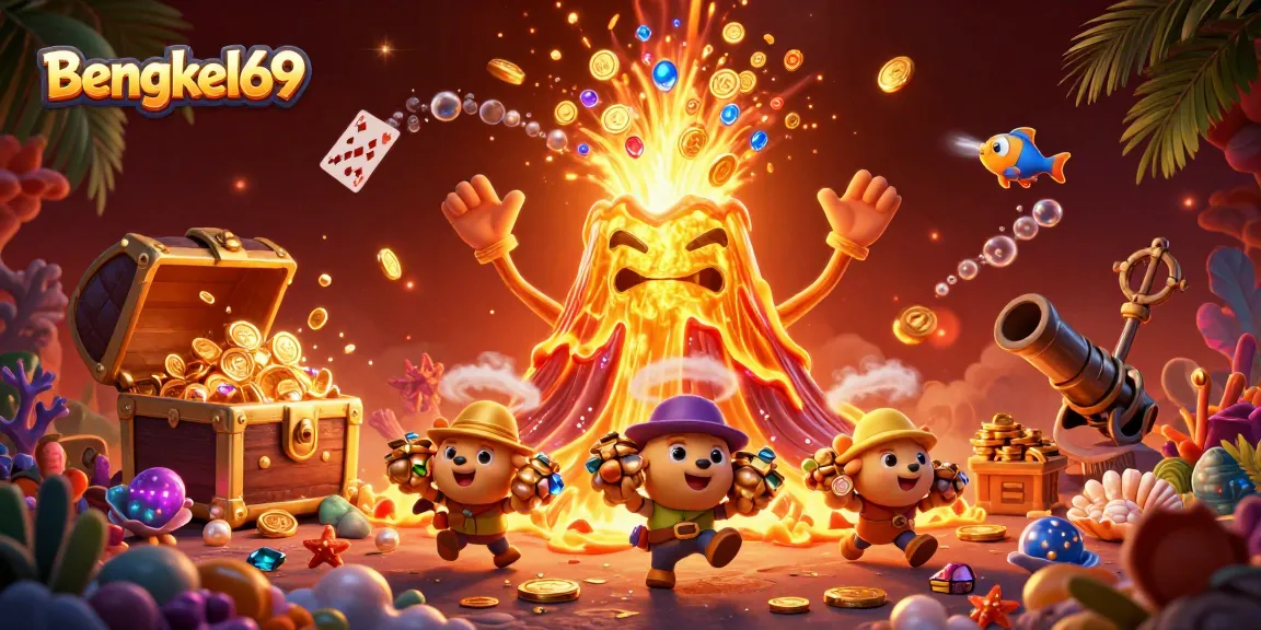 Bengkel69 showcases an adventure of treasure-hunting in a vibrant casino-themed 3D illustration.