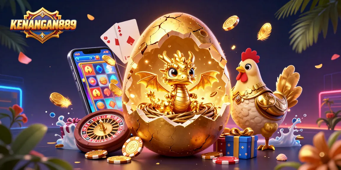 Engage with KENANGAN889, featuring a golden dragon amidst casino symbols like poker chips and slot games.
