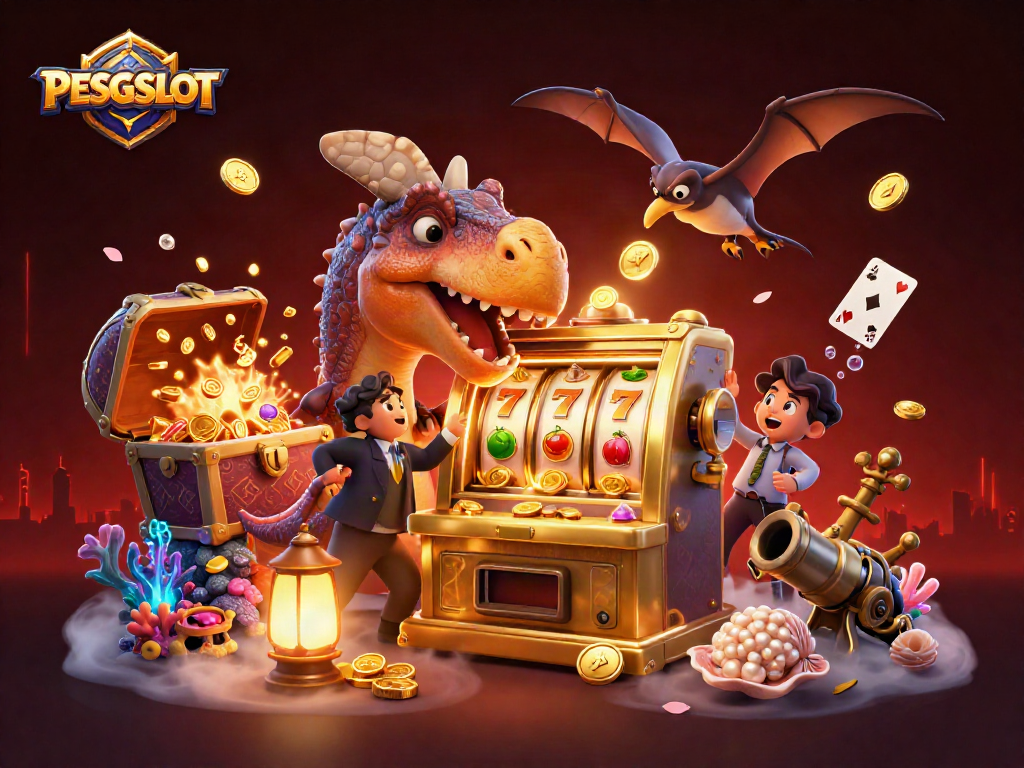 PESGSLOT menang besar dengan uang koin emas terbang sambil dinosaurus hidup dan pengelola kasino panik