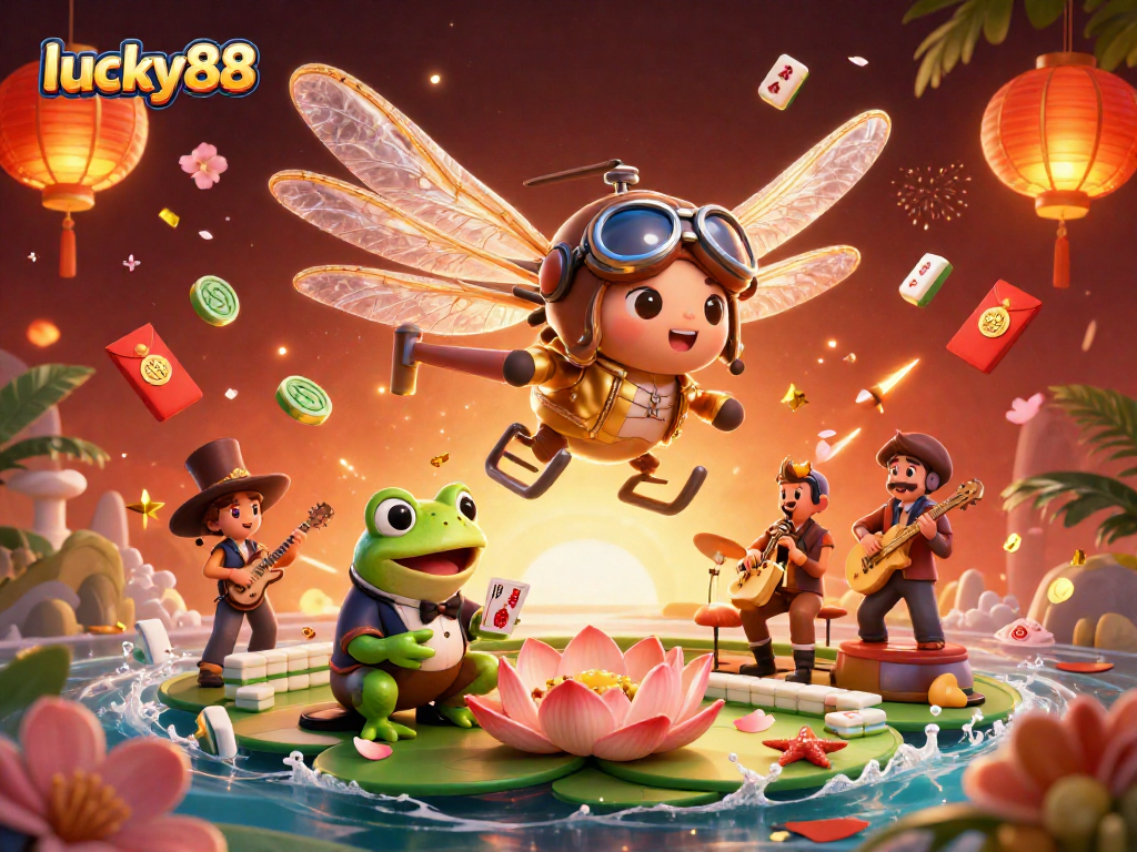Bet on lucky88 with a vibrant casino scene featuring unique characters and festive decorations.