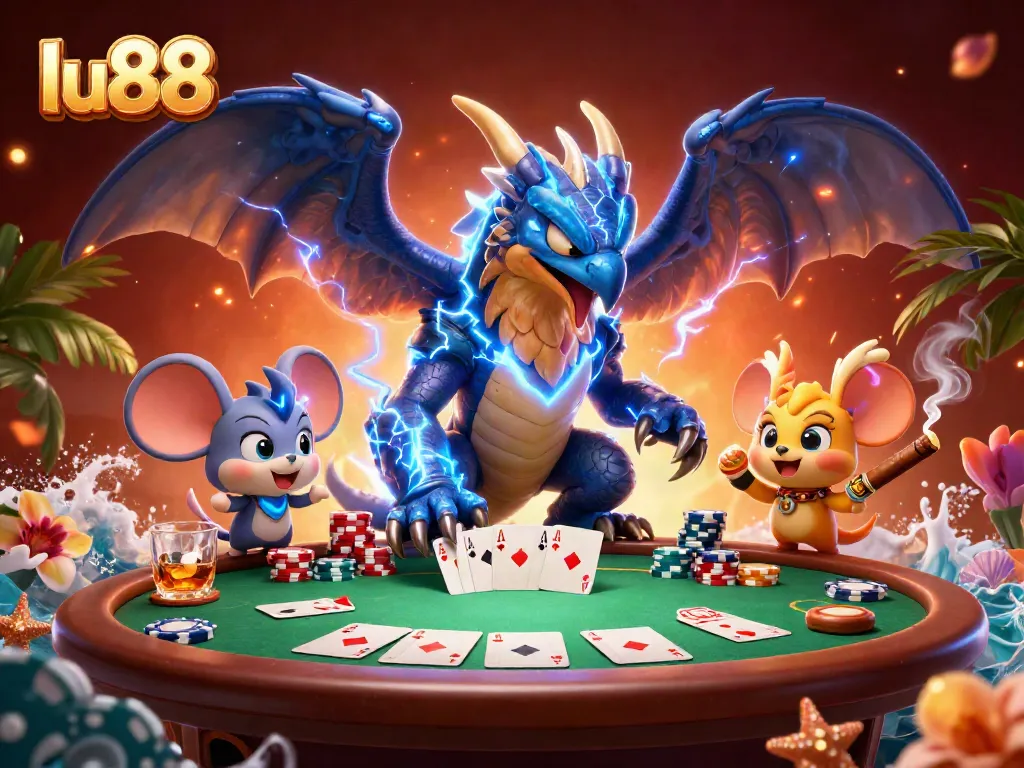 Join the action with lu88 as thunder dragon and fierce hawk celebrate at a poker table.