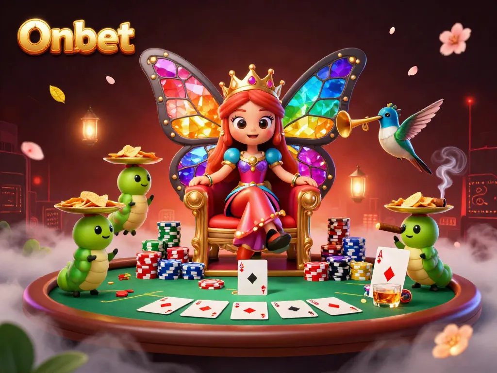Experience the thrill of Onbet with a vibrant casino scene featuring a butterfly queen and poker elements.