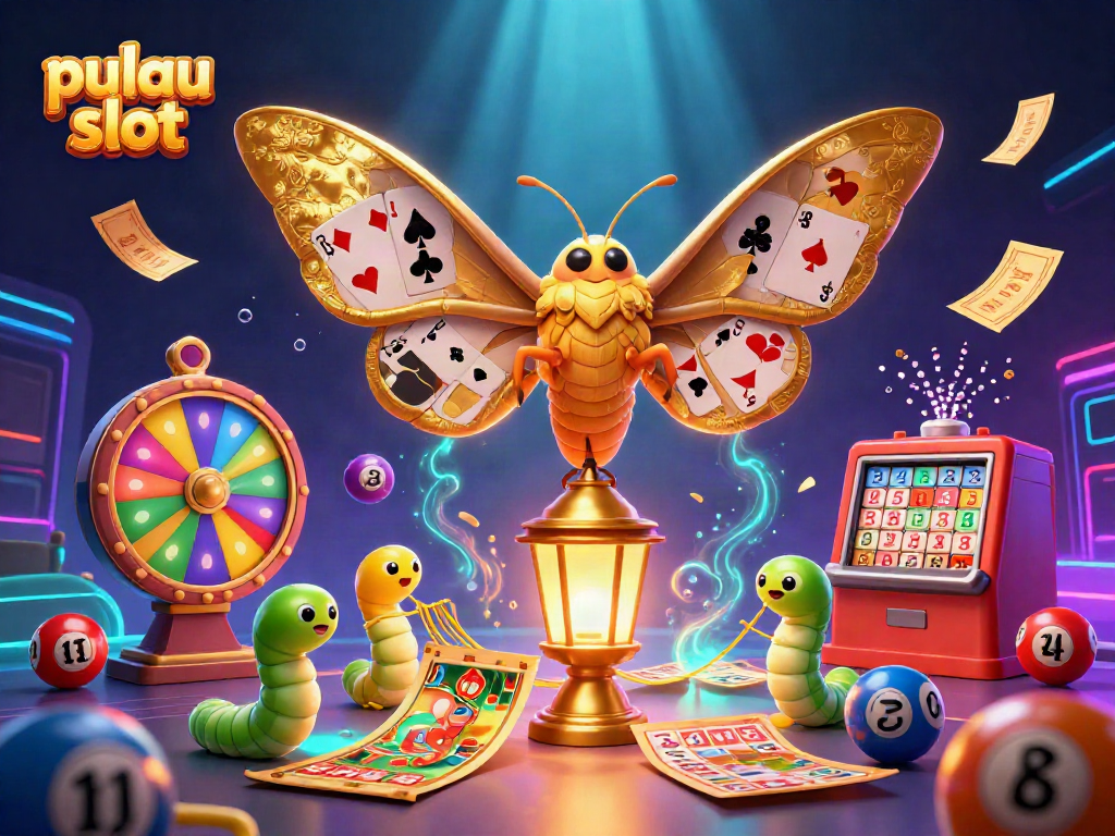 Experience thrilling pulau slot action with vibrant lottery balls and a majestic moth in this lively casino scene.
