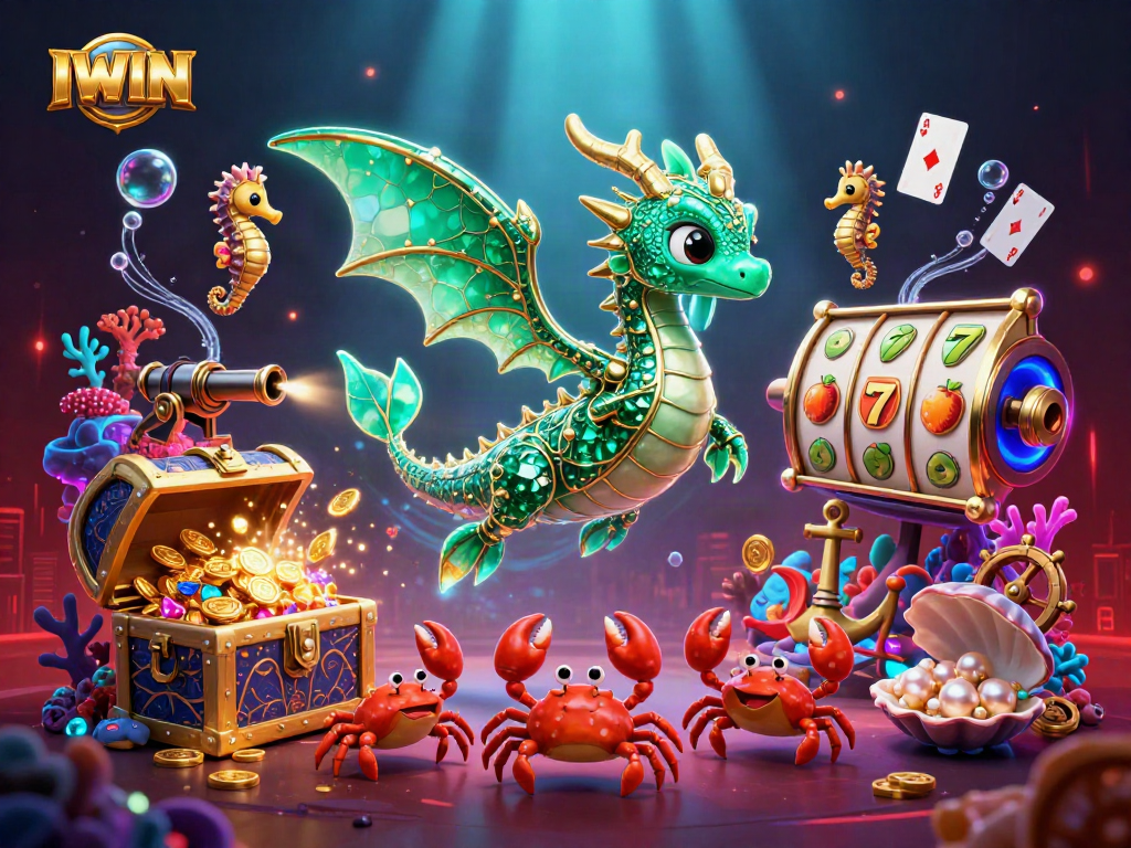 IWIN sea dragon celebrates a jackpot with casino elements in a vibrant underwater scene.