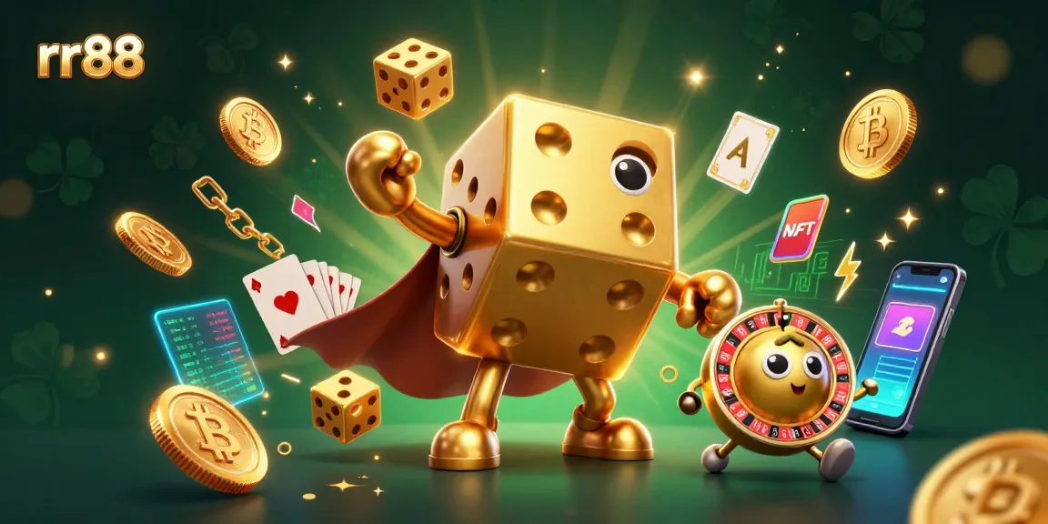 Engage with rr88's vibrant casino world featuring golden dice and crypto elements.