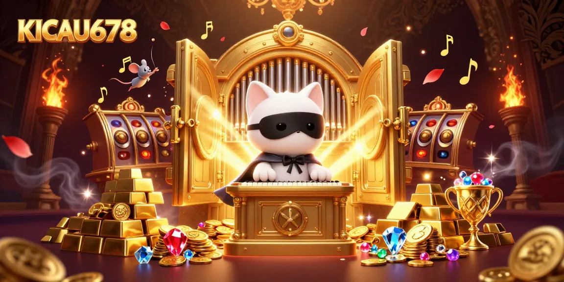 Experience the thrill of KICAU678 with a dazzling casino scene featuring a musical cat and treasures.