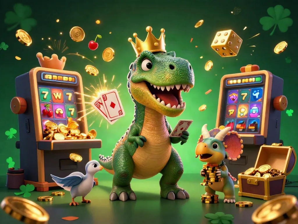 S666 promotes interactive gaming with a T-Rex shuffling cards and friends amidst vibrant casino elements.