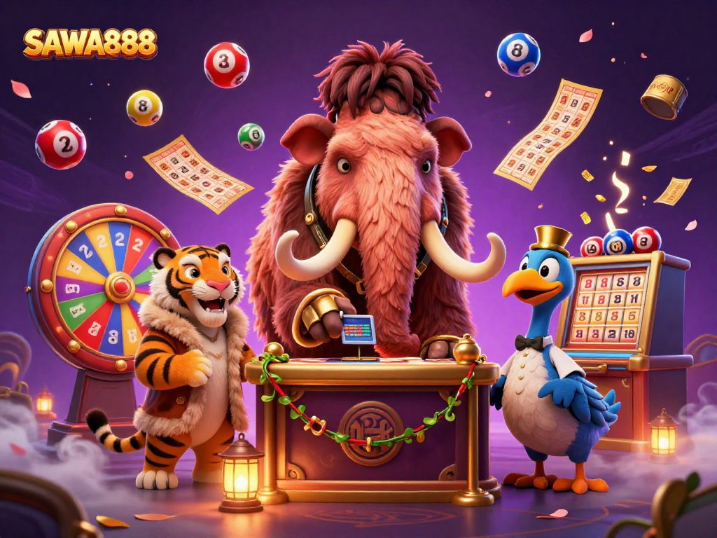 SAWA888 brings excitement with a woolly mammoth bouncer, saber-tooth tiger guest, and colorful lottery balls.