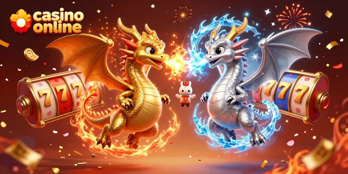 Engage with thrilling casino online action featuring twin 3D dragons amidst dynamic slot elements.