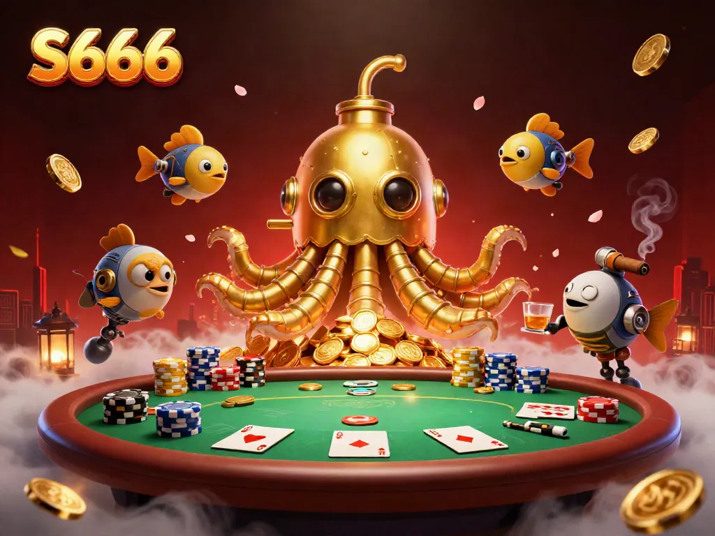 S666 highlights a golden kraken submarine among poker elements, showcasing a vibrant casino world.