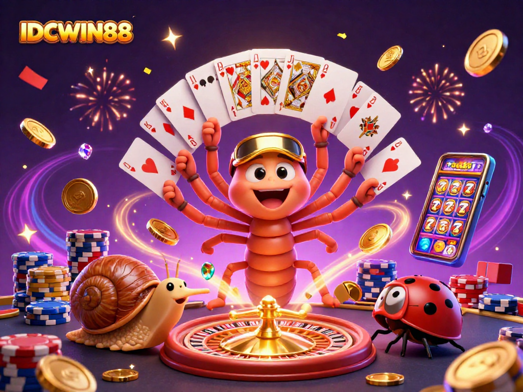 Join the excitement at IDCWIN88 with a cartoon dealer and characters in a lively casino setting.