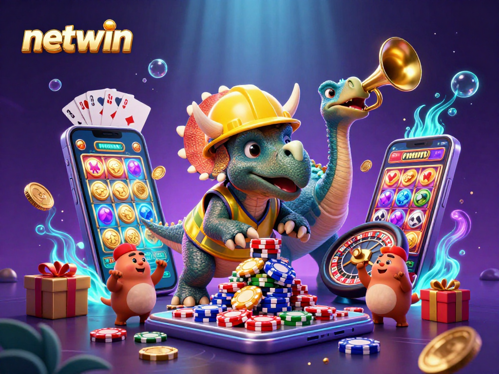 Engage with netwin, experiencing an exciting 3D scene of gaming characters celebrating with poker chips amidst slot games.