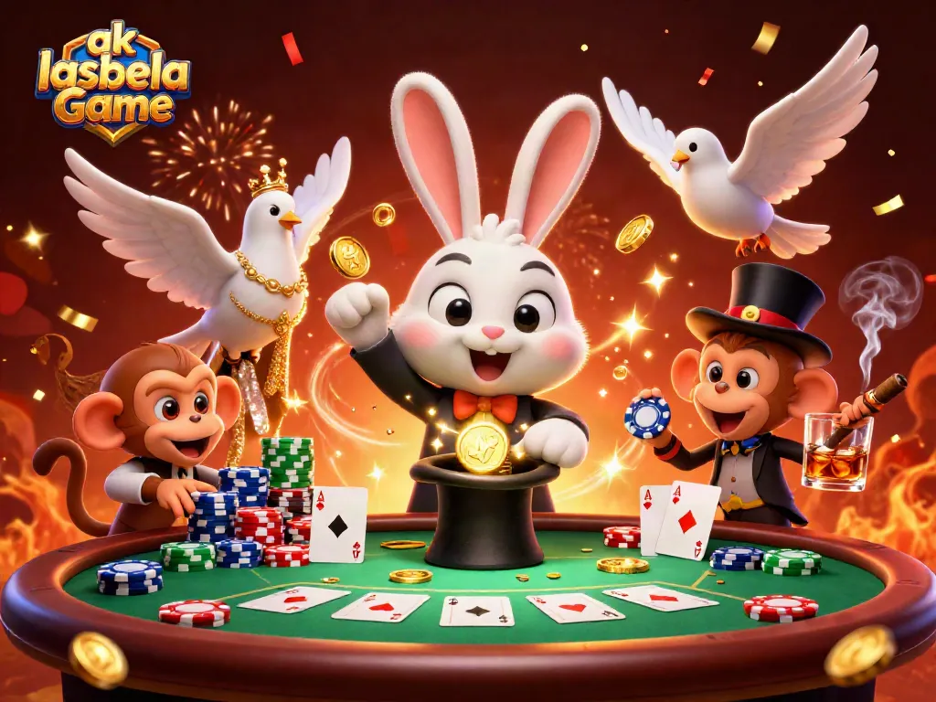 Participate in ak lasbela Game featuring a magician rabbit, dove, and monkey with gambling elements.