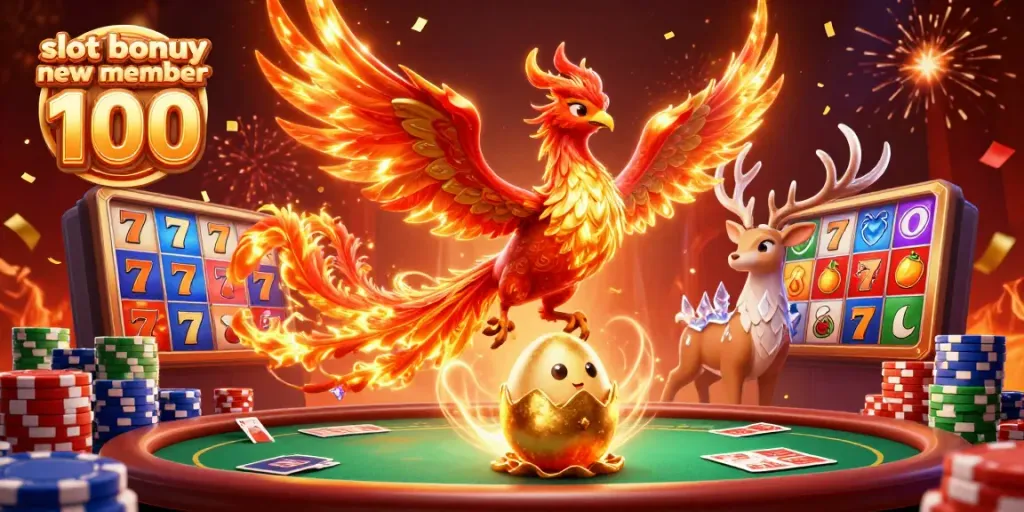 Experience thrilling gaming with slot bonus new member 100, featuring vibrant phoenixes and poker elements.