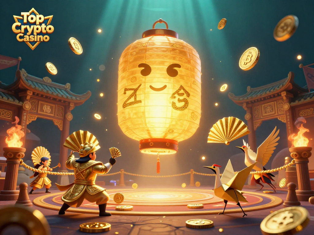 Experience the Top Crypto Casino with vibrant golden lanterns and crypto elements in a dynamic scene.