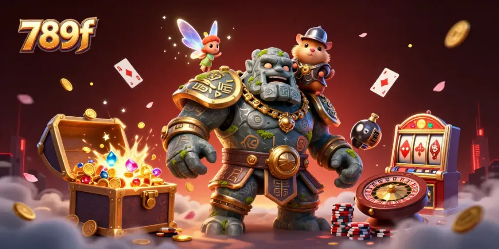 Join the 789f adventure with a golem guardian, a fairy, and a hamster knight amid casino games.