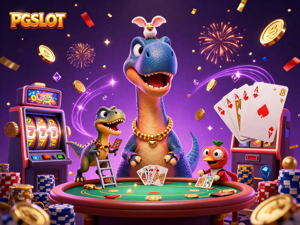 Experience the excitement of PGSLOT as a cartoon brontosaurus and clever raptor deal winning hands amid cascading coins and slot reels.