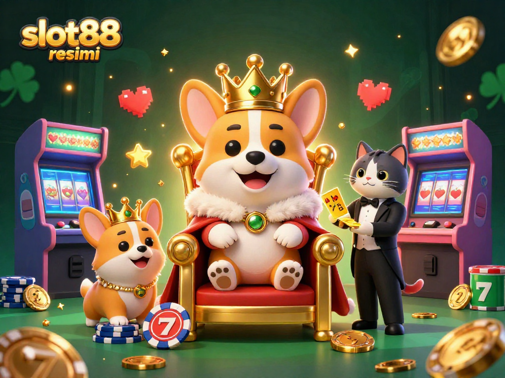Experience winning excitement at slot88 resmi with delightful 3D corgi royalty amidst bright slot machines and casino thrills.