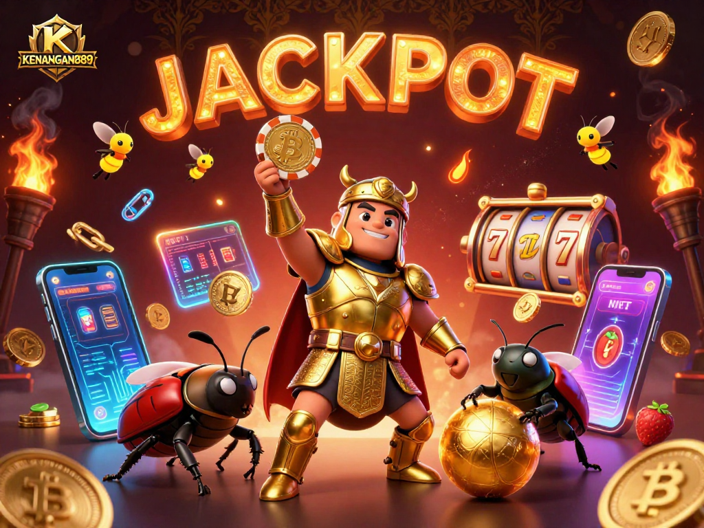 KENANGAN889 features a triumphant hercules beetle celebrating with poker chips and cryptocurrency elements, showcasing casino excitement.