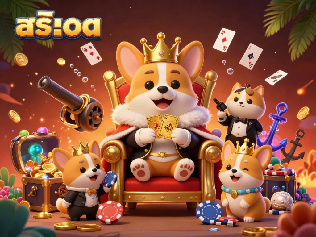 Spin the สล็อต reels with delightful corgis and golden treasures in a captivating scene.