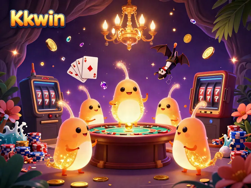 Kkwin glowworms illuminate a dynamic cave casino scene with sparkling games and vibrant energy.