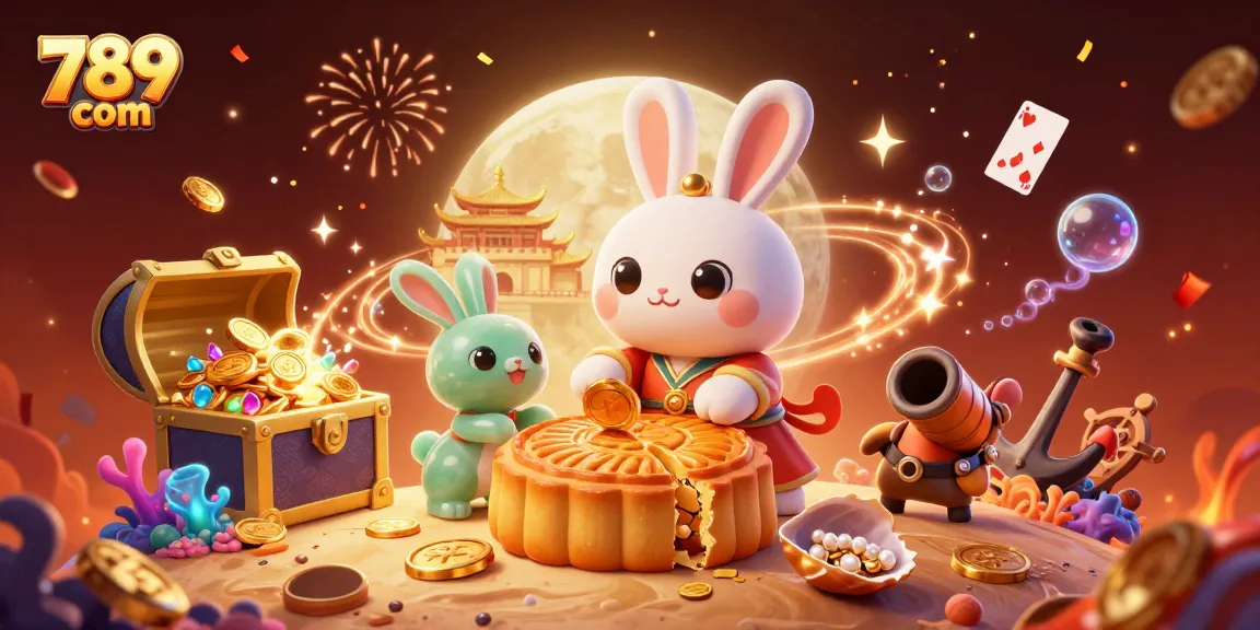 Experience the thrill of 789 com with a lively scene featuring a moon rabbit unveiling poker chips amidst vibrant casino elements.