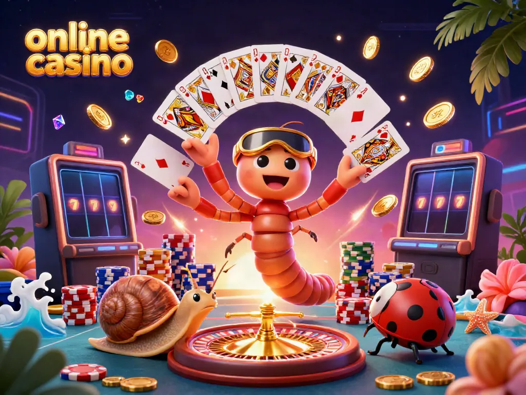 Join the excitement at this online casino featuring a millipede dealer with cards and sparkling treasures.
