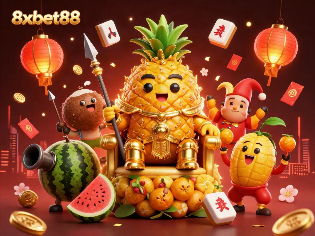 Experience the excitement of 8xbet88 with a vibrant 3D scene featuring a pineapple king, coconut bodyguards, and lottery excitement.