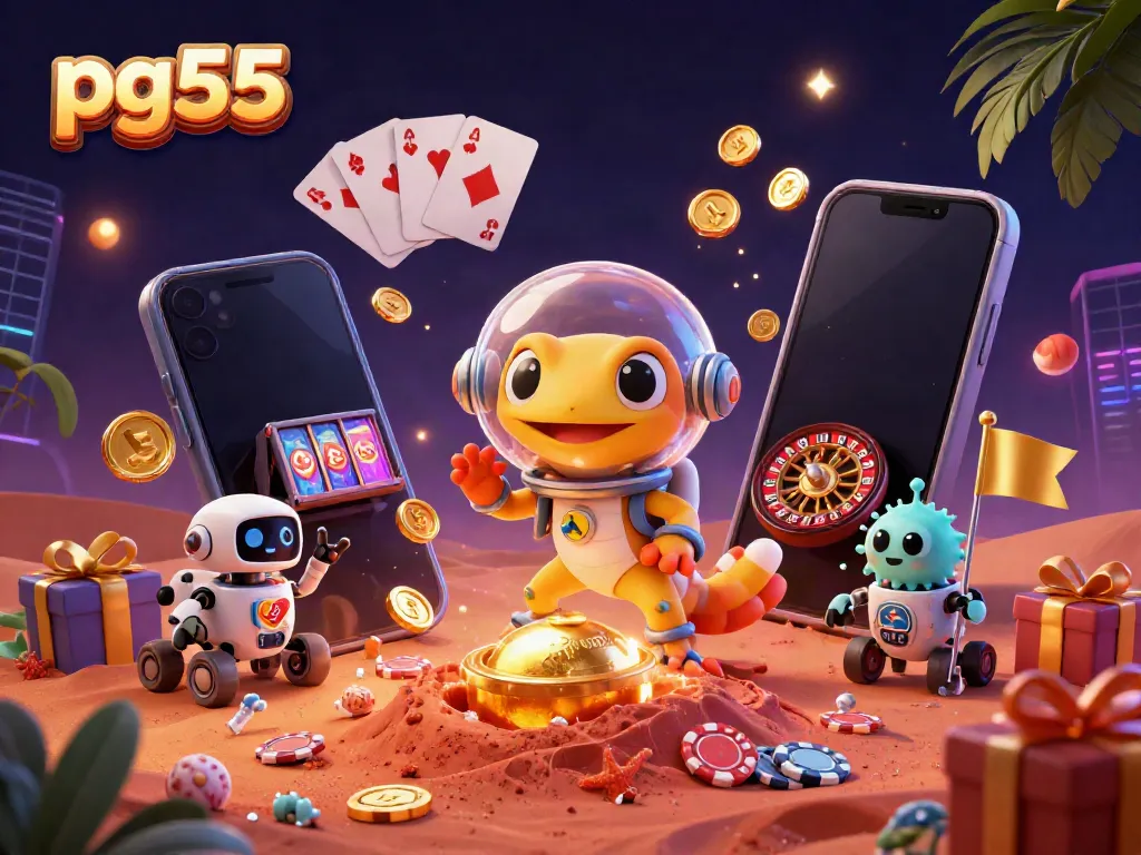 pg55 casino adventure with a Martian gecko and alien cheerleaders amidst vibrant gambling elements