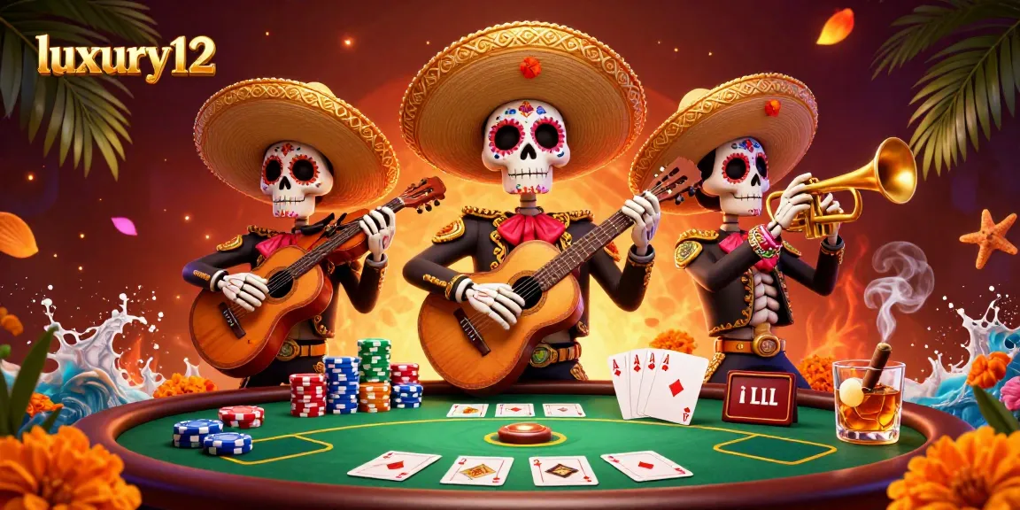 Ilustrasi kasino mewah luxury12 dengan band mariachi rangka, meja poker dan banyak chip berwarna.