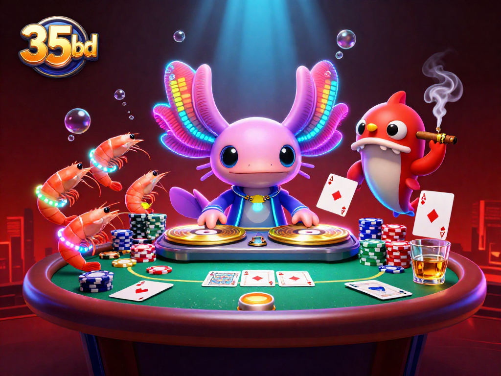 Experience the vibrant 35bd casino atmosphere with a DJ axolotl and poker elements in a neon underwater scene.