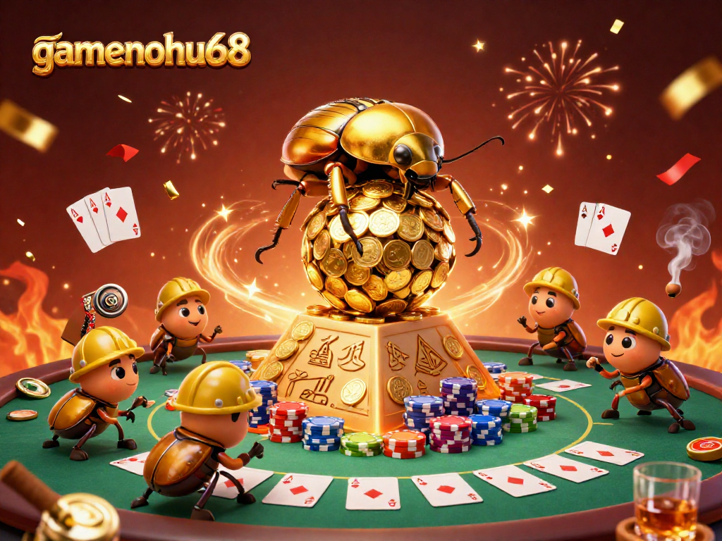 Join the fun at gamenohu68 with beetles rolling a fortune in coins on a vibrant casino pyramid.