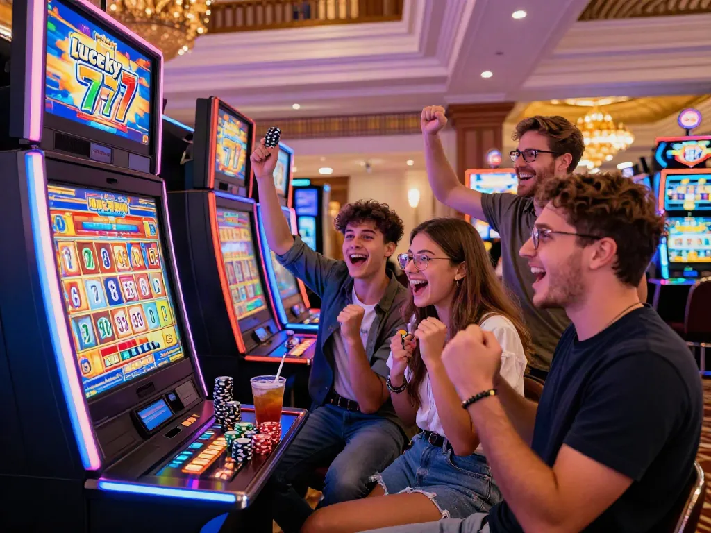 Exciting party atmosphere at a Lucky777 themed casino with friends celebrating wins.