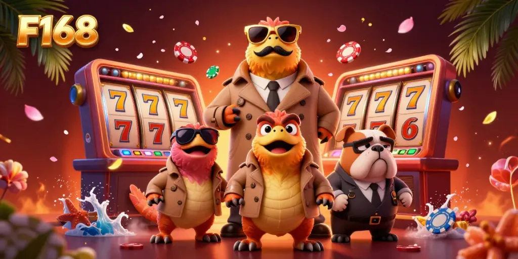 Engage in thrilling slot games at F168 with dynamic scene of raptors in disguise entering a casino.