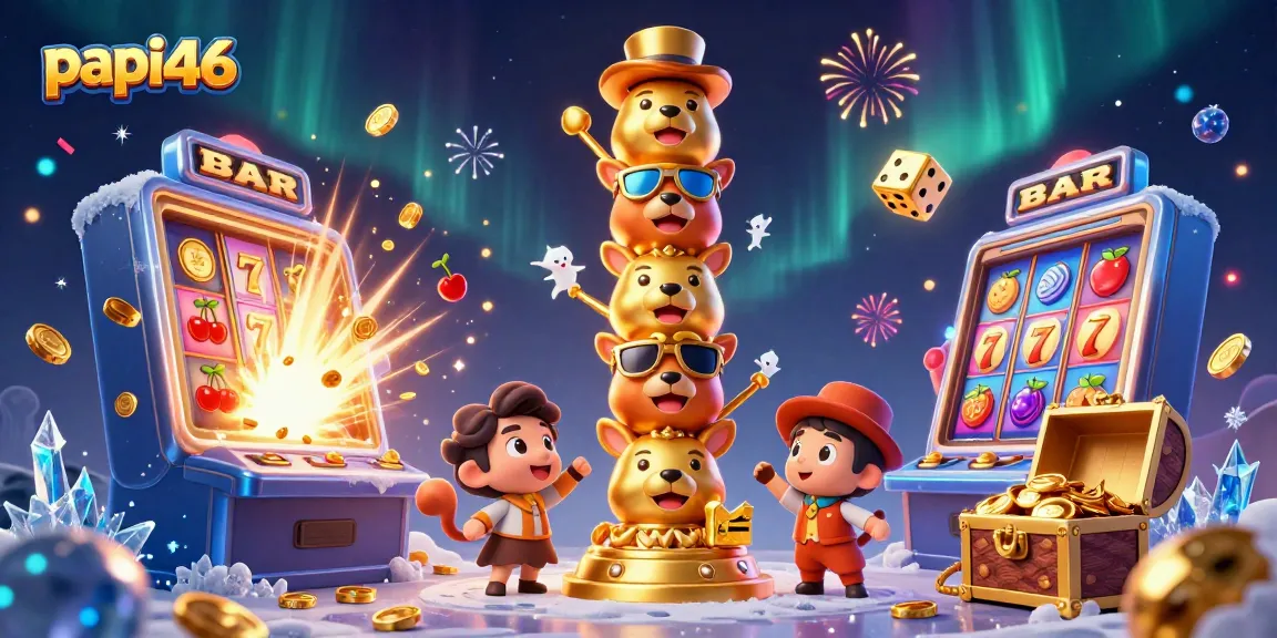 Permainan slot jackpot menarik di papi46 dengan totem berlapis wajah hewan, simbol keberuntungan berterbangan di sekitar