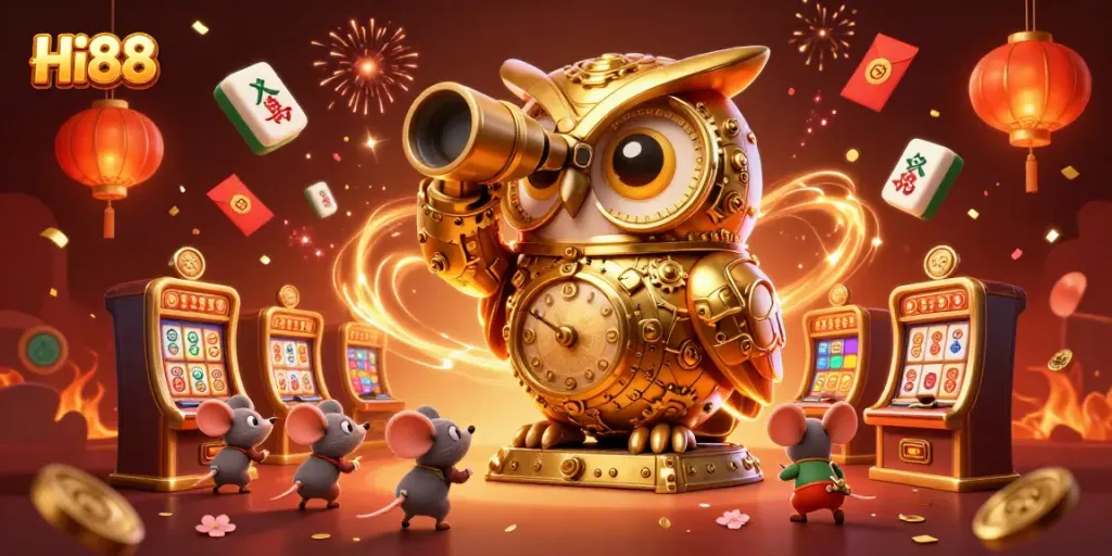 Engage with Hi88's thrilling gaming experience featuring a golden owl observing bustling casino action.
