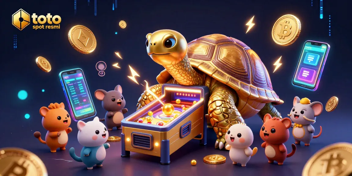 Engage with the exciting world of toto slot resmi featuring a vibrant scene with a golden tortoise pinball machine amidst thrilling gaming elements.