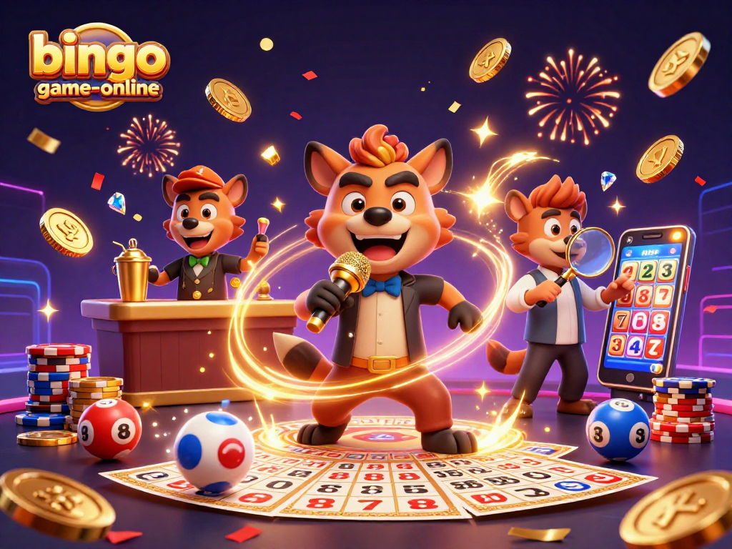 Engage with bingo-game-online in a lively casino scene featuring hyenas, bingo cards, and vibrant casino elements.
