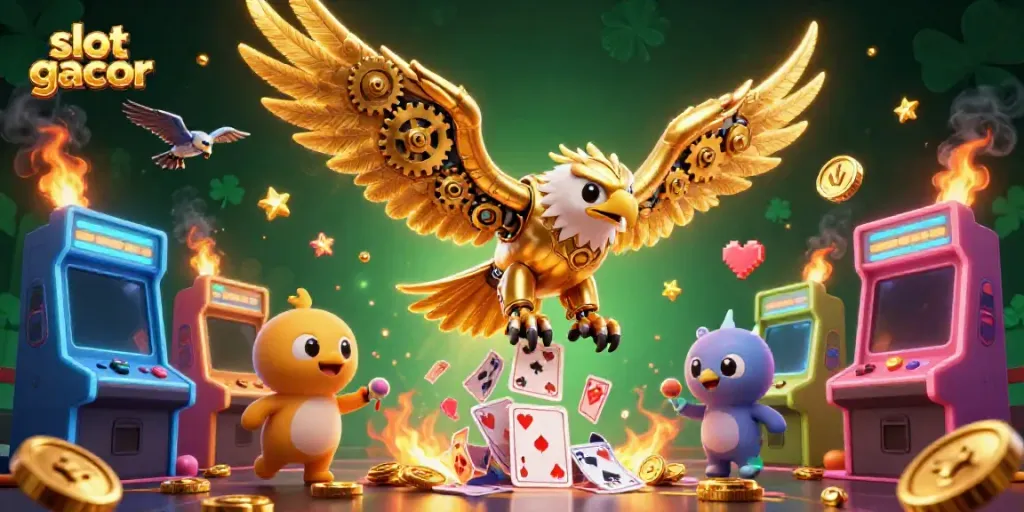 Experience the thrill of slot gacor gaming enhanced by a dynamic scene of a cybernetic eagle amidst vibrant casino elements.