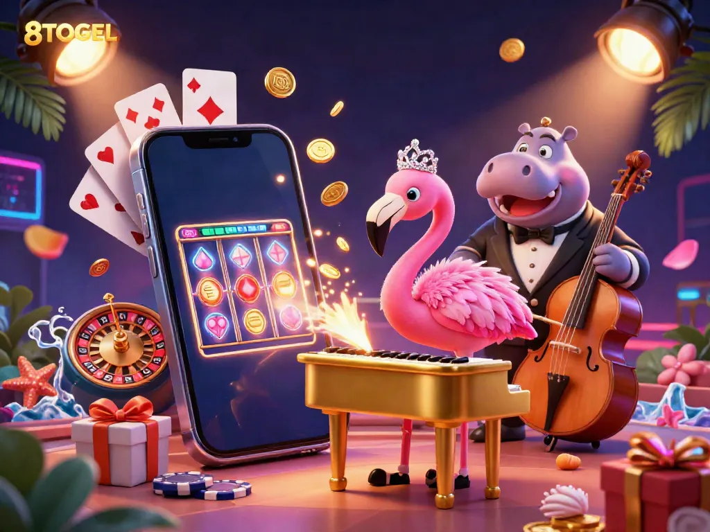 Engage in thrilling 8TOGEL casino action with a lively scene featuring interactive gaming elements and vibrant characters.