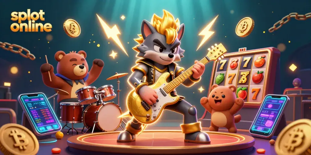Witness the excitement of slot online games with vibrant characters and casino elements.