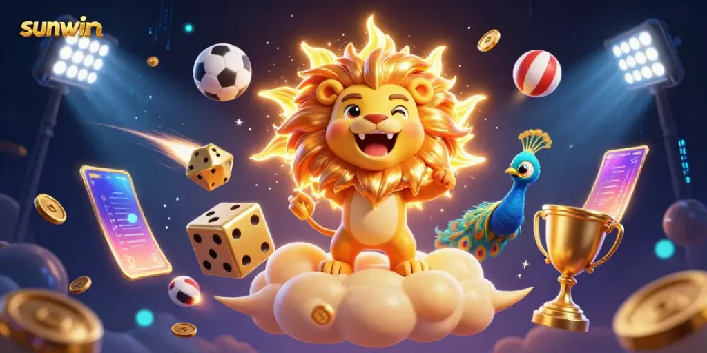 Experience thrilling gaming at sunwin with vibrant 3D illustrations showcasing casino excitement and sports betting action.