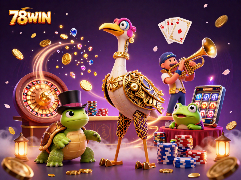 Experience thrilling casino action with 78WIN, featuring lively characters amidst casino elements.