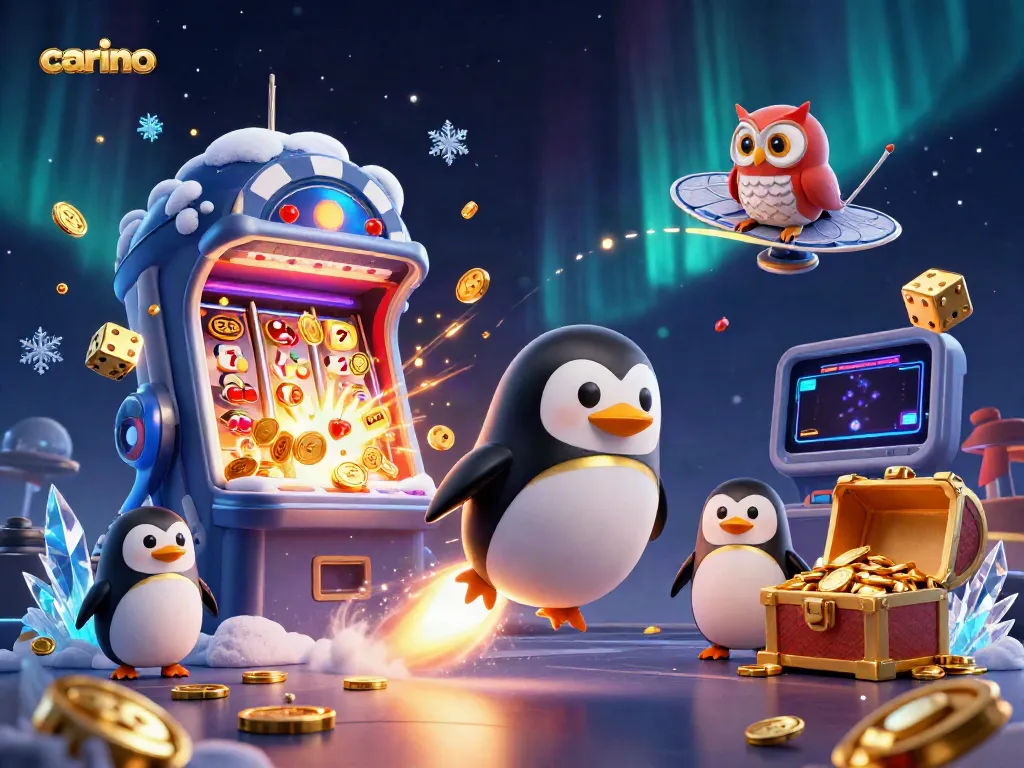 Carino casino scene with a golden penguin spaceship launching from a poker chip station.